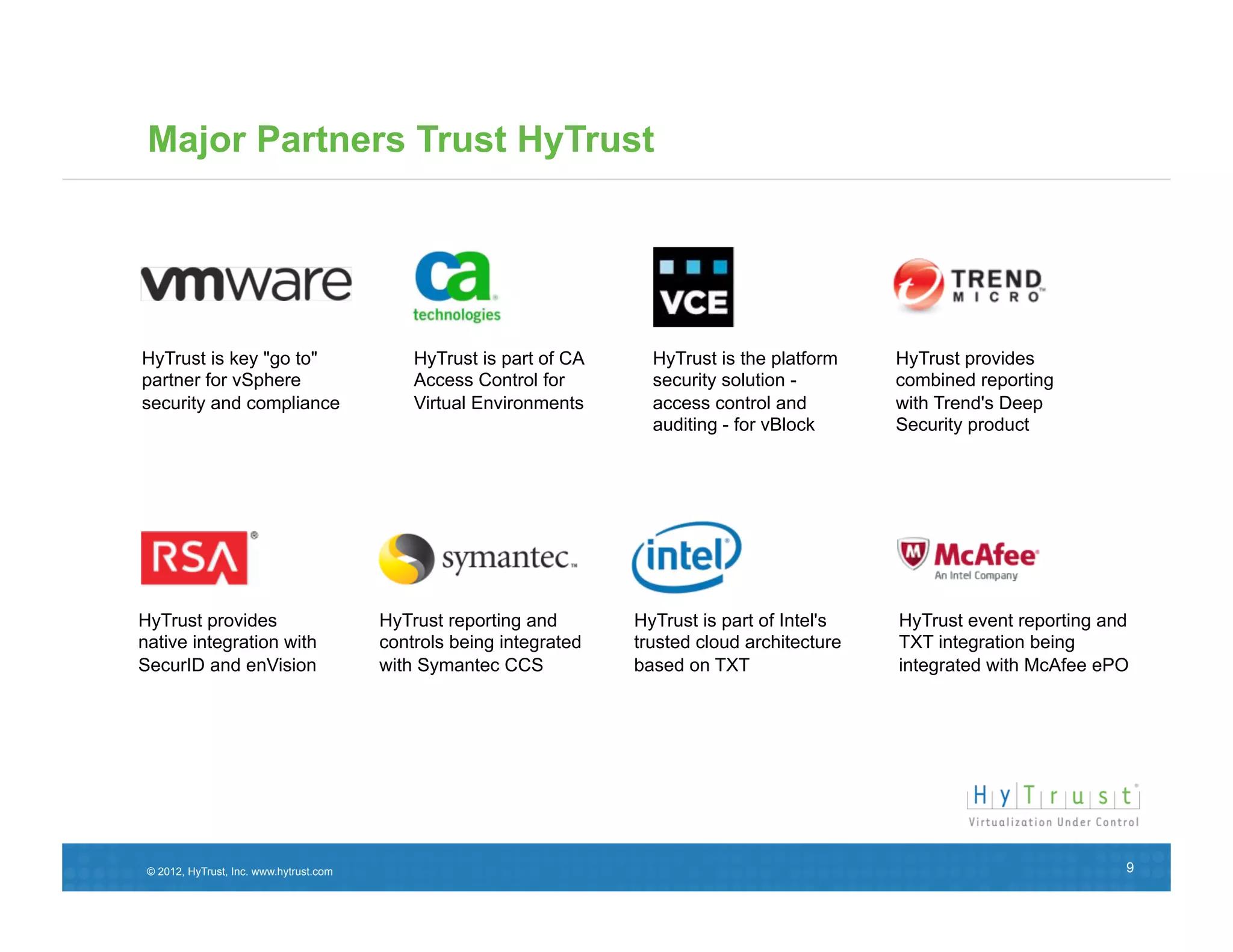 Major Partners Trust HyTrust




HyTrust is key "go to"                       HyTrust is part of CA     HyTrust is the platform    HyTrust provides
partner for vSphere                          Access Control for        security solution -        combined reporting
security and compliance                      Virtual Environments      access control and         with Trend's Deep
                                                                       auditing - for vBlock      Security product




HyTrust provides                         HyTrust reporting and       HyTrust is part of Intel's   HyTrust event reporting and
native integration with                  controls being integrated   trusted cloud architecture   TXT integration being
SecurID and enVision                     with Symantec CCS           based on TXT                 integrated with McAfee ePO




 © 2012, HyTrust, Inc. www.hytrust.com                                                                                      9
 