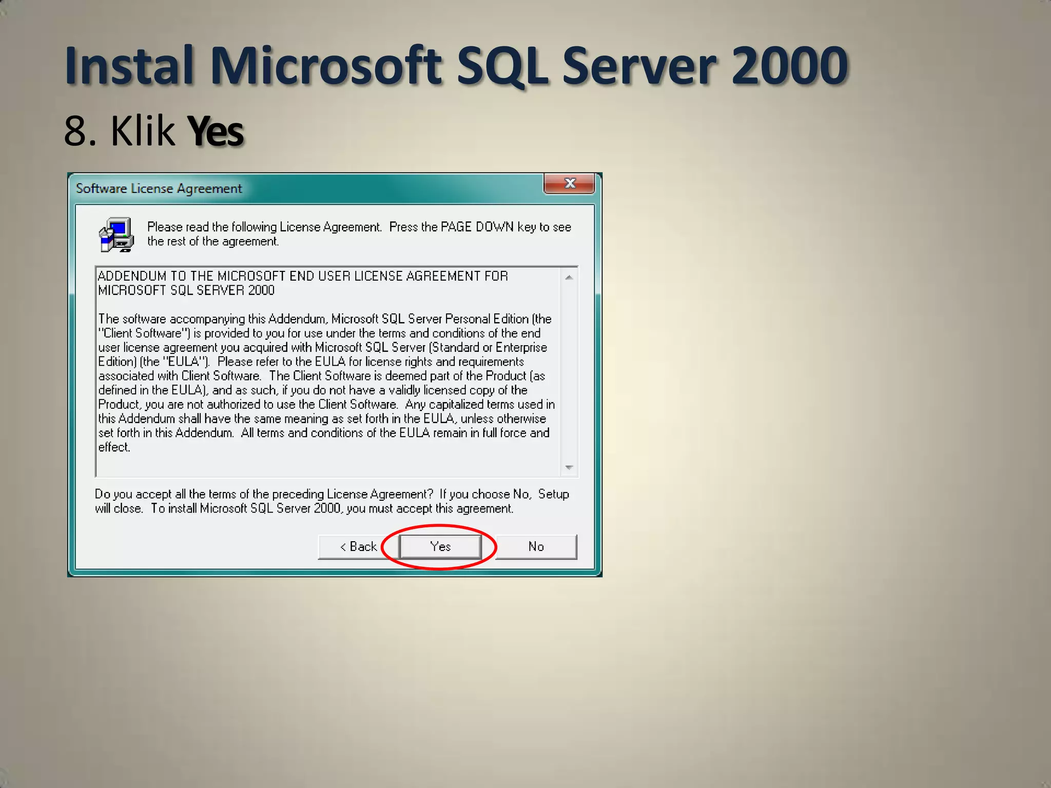Instal Microsoft SQL Server 2000
8. Klik Yes
 