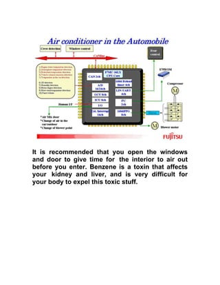 It is recommended that you open the windows
and door to give time for the interior to air out
before you enter. Benzene is a toxin that affects
your kidney and liver, and is very difficult for
your body to expel this toxic stuff.
 