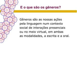 E o que são os gêneros?


Gêneros são as nossas ações
pela linguagem num contexto
social de interações presenciais
ou no meio virtual, em ambas
as modalidades, a escrita e a oral.
 