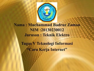 Nama : Muchammad Badruz Zaman
NIM :20130230012
Jurusan : Teknik Elektro
Tugas V Teknologi Informasi
“Cara Kerja Internet”

 