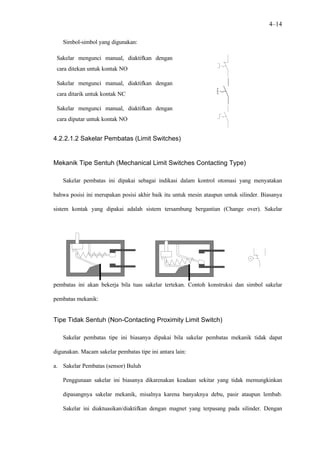 4–14

   Simbol-simbol yang digunakan:

 Sakelar mengunci manual, diaktifkan dengan
 cara ditekan untuk kontak NO

 Sakelar mengunci manual, diaktifkan dengan
 cara ditarik untuk kontak NC

 Sakelar mengunci manual, diaktifkan dengan
 cara diputar untuk kontak NO


4.2.2.1.2 Sakelar Pembatas (Limit Switches)


Mekanik Tipe Sentuh (Mechanical Limit Switches Contacting Type)

   Sakelar pembatas ini dipakai sebagai indikasi dalam kontrol otomasi yang menyatakan

bahwa posisi ini merupakan posisi akhir baik itu untuk mesin ataupun untuk silinder. Biasanya

sistem kontak yang dipakai adalah sistem tersambung bergantian (Change over). Sakelar




pembatas ini akan bekerja bila tuas sakelar tertekan. Contoh konstruksi dan simbol sakelar

pembatas mekanik:


Tipe Tidak Sentuh (Non-Contacting Proximity Limit Switch)

   Sakelar pembatas tipe ini biasanya dipakai bila sakelar pembatas mekanik tidak dapat

digunakan. Macam sakelar pembatas tipe ini antara lain:

a. Sakelar Pembatas (sensor) Buluh

   Penggunaan sakelar ini biasanya dikarenakan keadaan sekitar yang tidak memungkinkan

   dipasangnya sakelar mekanik, misalnya karena banyaknya debu, pasir ataupun lembab.

   Sakelar ini diaktuasikan/diaktifkan dengan magnet yang terpasang pada silinder. Dengan
 