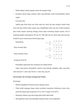 4–16

-     Mudah adaptasi dengan tegangan operasi dan tegangan tinggi

-     Kecepatan operasi tinggi, misalnya waktu yang diperlukan untuk menyambungkan saluran

      singkat.

      Cara kerja relay:

      Apabila pada lilitan dialiri arus listrik maka arus listrik tadi akan mengalir melalui lilitan

kawat dan akan timbul medan magnet yang mengakibatkan pelat yang ada di dekat kumparan

akan tertarik ataupun terdorong sehingga saluran dapat tersambung ataupun terputus. Hal ini

tergantung apakah sambungannya NO atau NC. Bila tidak ada arus listrik maka pelat tadi akan

kembali ke posisi semula karena ditarik dengan pegas.
                                                                        13   23   33   43
                                                                A1
      Simbol Relay:                                       K1
                                                                A2
                                                                        14   24   34   44

    Relay Normally Open                                         A1
                                                                        11   21   31   41

                                                          K1
                                                                A2
                                                                        12   22   32   42

    Relay Normally Closed                                               13   23   31   41
                                                                A1
                                                          K1
                                                                A2
                                                                        14   24   32   42

    Kombinasi NO & NC


      Penunjukkan angka pada relay mempunyai arti sebagai berikut:

      Angka yang pertama menunjukkan contactor yang keberapa sedangkan angka yang kedua

selalu bernomor ¾ untuk relay NO dan ½ untuk relay yang NC.


Keuntungan dan kerugian penggunaan Relay:

Keuntungan:

-     Mudah mengadaptasi bermacam-macam tegangan operasi

-     Tidak mudah terganggu dengan adanya perubahan temperature disekitarnya, karena relay

      masih bisa bekerja pada temperature 233 K (-40o C) sampai 353 K (80o C)

-     Mempunyai tahanan yang cukup tinggi pada kondisi tidak kontak

-     Memungkinkan untuk menyambungkan beberapa saluran secara independent
 