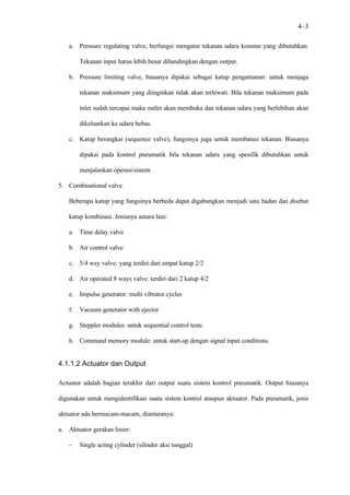 4–3

   a. Pressure regulating valve, berfungsi mengatur tekanan udara konstan yang dibutuhkan.

        Tekanan input harus lebih besar dibandingkan dengan output.

   b. Pressure limiting valve, biasanya dipakai sebagai katup pengamanan: untuk menjaga

        tekanan maksimum yang diinginkan tidak akan terlewati. Bila tekanan maksimum pada

        inlet sudah tercapai maka outlet akan membuka dan tekanan udara yang berlebihan akan

        dikeluarkan ke udara bebas.

   c. Katup berangkai (sequence valve), fungsinya juga untuk membatasi tekanan. Biasanya

        dipakai pada kontrol pneumatik bila tekanan udara yang spesifik dibutuhkan untuk

        menjalankan operasi/sistem.

5. Combinational valve.

   Beberapa katup yang fungsinya berbeda dapat digabungkan menjadi satu badan dan disebut

   katup kombinasi. Jenisnya antara lain:

   a. Time delay valve

   b. Air control valve

   c. 5/4 way valve: yang terdiri dari empat katup 2/2

   d. Air operated 8 ways valve: terdiri dari 2 katup 4/2

   e. Impulse generator: multi vibrator cycles

   f.   Vacuum generator with ejector

   g. Steppler modules: untuk sequential control teste.

   h. Command memory module: untuk start-up dengan signal input conditions.


4.1.1.2 Actuator dan Output

Actuator adalah bagian terakhir dari output suatu sistem kontrol pneumatik. Output biasanya

digunakan untuk mengidentifikasi suatu sistem kontrol ataupun aktuator. Pada pneumatik, jenis

aktuator ada bermacam-macam, diantaranya:

a. Aktuator gerakan linier:

   -    Single acting cylinder (silinder aksi tunggal)
 