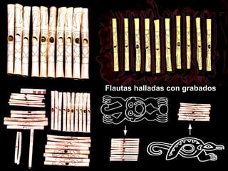 La música ha sido fundamental del ceremonial y la religiosidad. Las flautas halladas fueron elaboradas usando huesos de ala de pelícano, decoradas con representaciones de monos, aves, serpientes y figuras humanas. Flautas halladas con grabados CARAL CARAL 