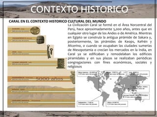 CONTEXTO HISTORICO
La Civilización Caral se formó en el Área Norcentral del
Perú, hace aproximadamente 5,000 años, antes que en
cualquier otro lugar de los Andes o de América. Mientras
en Egipto se construía la antigua pirámide de Sakara y,
posteriormente, las pirámides de Keops, Kefrén y
Micerino, o cuando se ocupaban las ciudades sumerias
de Mesopotamia o crecían los mercados en la India, en
Caral ya se edificaban y remodelaban los edificios
piramidales y en sus plazas se realizaban periódicas
congregaciones con fines económicos, sociales y
religiosos
CARAL EN EL CONTEXTO HISTORICO CULTURAL DEL MUNDO
 