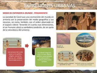 EXPRESIONES URBANAS
MODO DE ENTENDER EL MUNDO - PENSAMIENTO
La sociedad de Caral tuvo una cosmovisión del mundo en
armonía con la preservación del medio geográfico y sus
recursos, así como, también, con el orden observado en
el espacio sideral. Teniendo en cuenta esas dimensiones,
el ser humano ubicó su verdadera condición, de ser parte
de la naturaleza y del universo.
UNIVERSIDAD PRIVADA DE TACNA- FACULTAD DE ARQUITECTURA Y URBANISMO
Las acciones de la vida
social, en la política,
religión, economía,
ciencia, etc., estaban
relacionadas entre sí.
Los líderes religiosos
eran, a la vez, líderes
políticos especializados
en astronomía o
medicina, entre otros
campos.
 