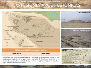 EXPRESIONES ARQUITECTONICAS
PATRON DE DISEÑO URBANO - CARAL
CARAL ALTO CARAL BAJO
Conformado por estructuras piramidales y
residenciales alrededor de la gran plaza
central, donde se habrían realizado ferias,
según determinado calendario festivo.
Ubicado al sur, organizado a lo largo de una
gran calle. El Templo del Anfiteatro es el
edificio principal de esta parte de la ciudad.
PIRAMIDE DEL ANFITEATRO
PIRAMIDE MAYOR
UNIVERSIDAD PRIVADA DE TACNA- FACULTAD DE ARQUITECTURA Y URBANISMO
 