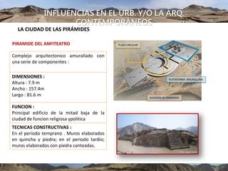 INFLUENCIAS EN EL URB. Y/O LA ARQ.
CONTEMPORÁNEOS
LA CIUDAD DE LAS PIRÁMIDES
Complejo arquitectonico amurallado con
una serie de componentes :
DIMENSIONES :
Altura : 7.9 m
Ancho : 157.4m
Largo : 81.6 m
FUNCION :
Principal edificio de la mitad baja de la
ciudad de funcion religiosa ypolitica
TECNICAS CONSTRUCTIVAS :
En el periodo temprano . Muros elaborados
en quincha y piedra; en el periodo tardio;
muros elaborados con piedra canteadas.
PIRAMIDE DEL ANFITEATRO PLAZA CIRCULAR
PLATAFORMA AMURALLADA
SUCESION DE GRADERIAS
 