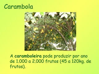 Carambola




 A caramboleira pode produzir por ano
 de 1.000 a 2.000 frutos (45 a 120kg. de
 frutos).
 