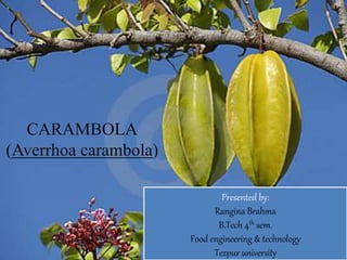 CARAMBOLA
(Averrhoa carambola)
Presented by:
Rangina Brahma
B.Tech 4th sem.
Food engineering & technology
Tezpur university
 