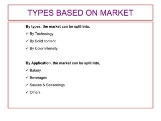 By types, the market can be split into,
 By Technology
 By Solid content
 By Color intensity
By Application, the market can be split into,
 Bakery
 Beverages
 Sauces & Seasonings
 Others
TYPES BASED ON MARKET
 