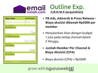 grow with
G.R.O.W.S (acquisition)
Outline Exp.
FB Ads, Adwords & Press Release -
Biaya akuisisi dibawah Rp5000 per
member
Menjalankan iklan dengan budget
1 juta pada setiap channel dalam
2 Minggu.
Jumlah Member Per Channel &
Biaya Akuisisi (CPA)
Biaya akuisisi (CPA) < Rp5000
 