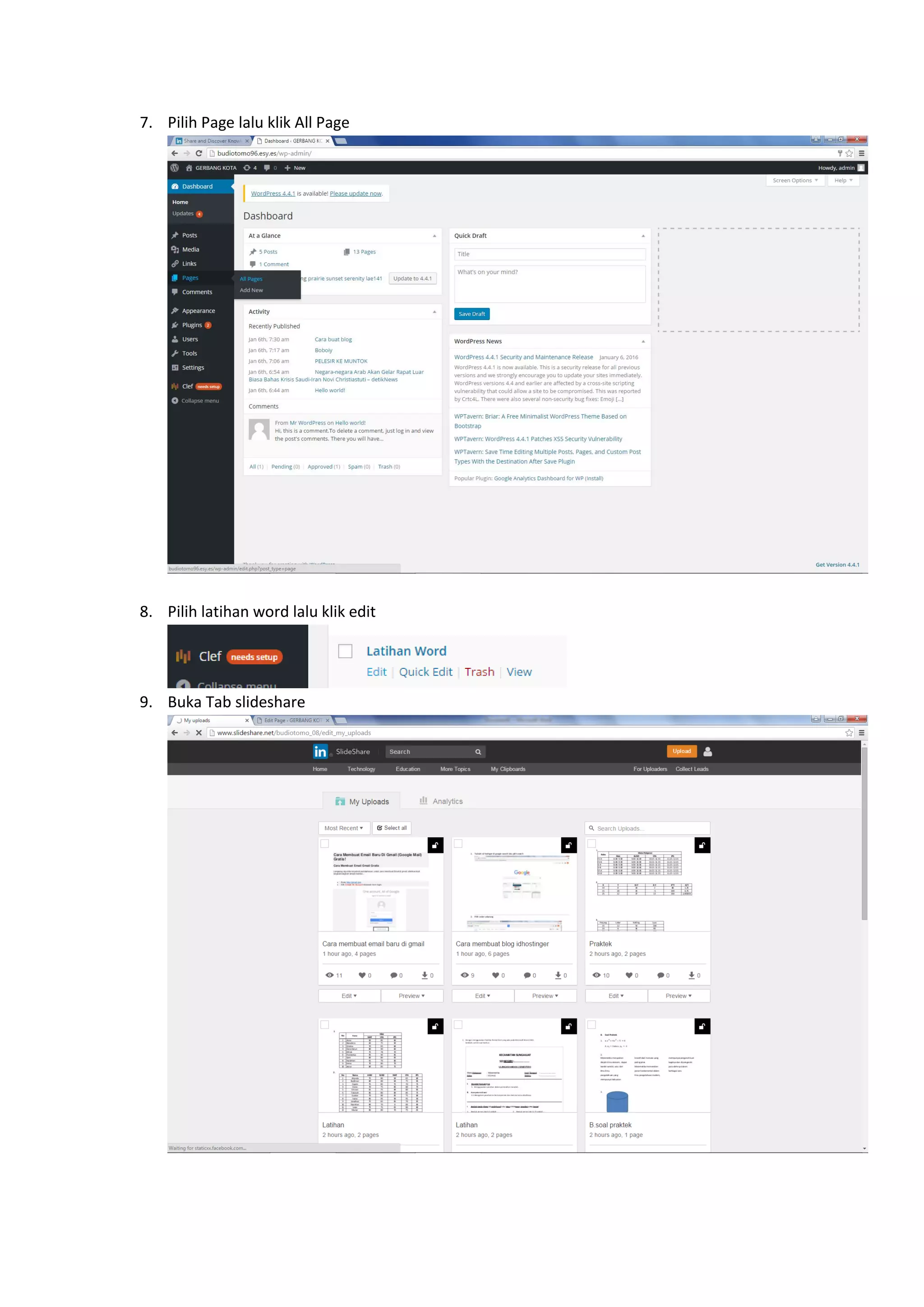 7. Pilih Page lalu klik All Page
8. Pilih latihan word lalu klik edit
9. Buka Tab slideshare
 
