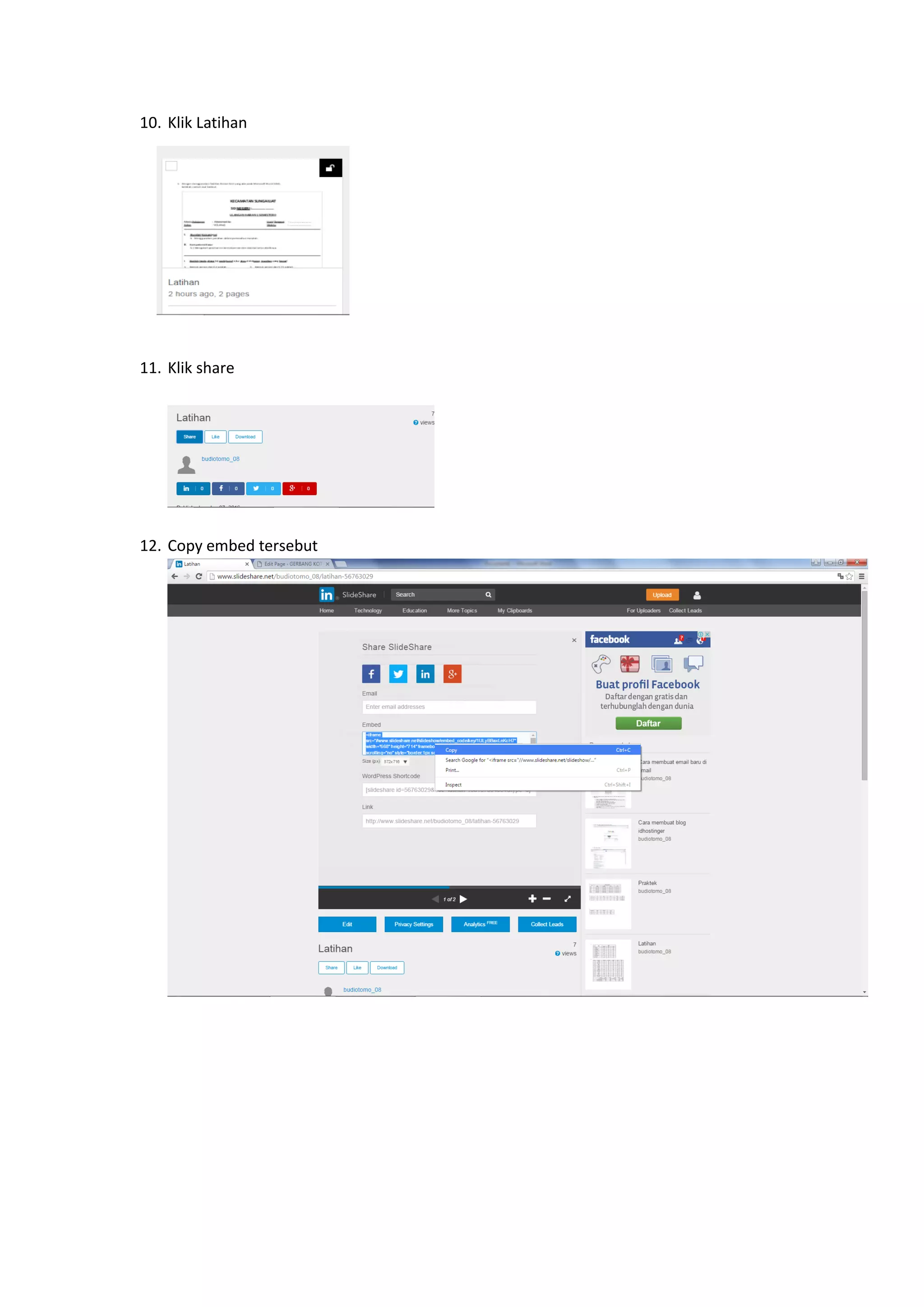 10. Klik Latihan
11. Klik share
12. Copy embed tersebut
 