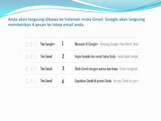 Anda akan langsung dibawa ke halaman muka Gmail. Google akan langsung
memberikan 4 pesan ke inbox email anda.

 