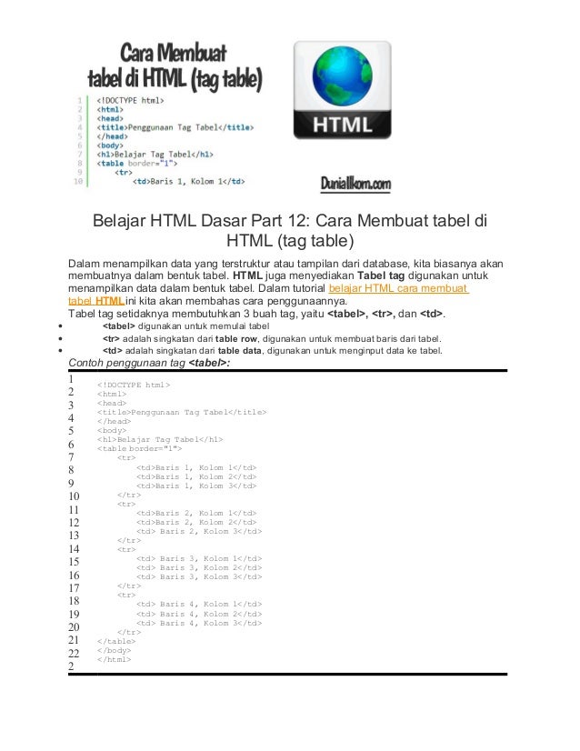 Cara membuat tabel di html (tag table)