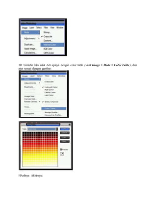 10. Terakhir kita sulut deh apinya dengan color table ( Klik Image > Mode > Color Table ), dan 
atur sesuai dengan gambar: 
HAsilnya Akhirnya: 
 