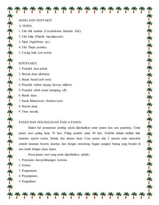 HAMA DAN PENYAKIT 
A. HAMA. 
1. Ulat titik tumbuh (Crocidolomia binotalis Zell.). 
2. Ulat tritip (Plutella maculipennis). 
3. Siput (Agriolimas sp.). 
4. Ulat Thepa javanica. 
5. Cacing bulu (cut worm). 
B.PENYAKIT. 
1. Penyakit akar pekuk. 
2. Bercak daun alternaria. 
3. Busuk basah (soft root). 
4. Penyakit embun tepung (downy mildew). 
5. Penyakit rebah semai (dumping off). 
6. Busuk daun. 
7. busuk Rhizoctonia (bottom root). 
8. Bercak daun. 
9. Virus mosaik. 
PANEN DAN PENANGANAN PASCA PANEN. 
Dalam hal pemanenan penting sekali diperhatikan umur panen dan cara panennya. Umur 
panen sawi paling lama 70 hari. Paling pendek umur 40 hari. Terlebih dahulu melihat fisik 
tanaman seperti warna, bentuk dan ukuran daun. Cara panen ada 2 macam yaitu mencabut 
seluruh tanaman beserta akarnya dan dengan memotong bagian pangkal batang yang berada di 
atas tanah dengan pisau tajam. 
Pasca panen sawi yang perlu diperhatikan adalah : 
1. Pencucian dan pembuangan kotoran. 
2. Sortasi. 
3. Pengemasan. 
4. Penympanan. 
5. Pengolahan. 
