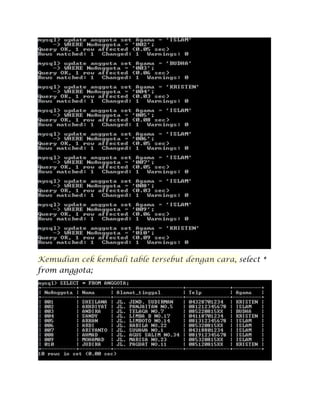 Kemudian cek kembali table tersebut dengan cara, select *
from anggota;
 