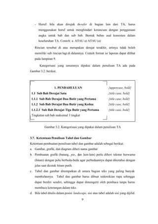 9
- Huruf: bila akan dirujuk di-refer di bagian lain dari TA, harus
menggunakan huruf untuk menghindari kerancuan dengan penggunaan
angka untuk bab dan sub bab. Bentuk bebas asal konsisten dalam
keseluruhan TA. Contoh: a. ATAU a) ATAU (a)
Rincian tersebut di atas merupakan derajat terakhir, artinya tidak boleh
memiliki sub rincian lagi di dalamnya. Contoh format isi laporan dapat dilihat
pada lampiran 9.
Kategorisasi yang umumnya dipakai dalam penulisan TA ada pada
Gambar 3.2. berikut.
1. PENDAHULUAN
1.1 Sub Bab Derajat Satu
1.1.1 Sub Bab Derajat Dua Butir yang Pertama
1.1.2 Sub Bab Derajat Dua Butir yang Kedua
1.1.2.1 Sub Bab Derajat Tiga Butir yang Pertama
Tingkatan sub bab maksimal 3 tingkat
{uppercase, bold}
{title case, bold}
{title case, bold}
{title case, bold}
{title case, bold}
Gambar 3.2. Kategorisasi yang dipakai dalam penulisan TA
3.7. Ketentuan Penulisan Tabel dan Gambar
Ketentuan pembuatan/penulisan tabel dan gambar adalah sebagai berikut:
a. Gambar, grafik, dan diagram diberi nama gambar
b. Pembuatan grafik (batang, pie, dan lain-lain) perlu diberi tekstur berwarna
(hitam) dengan pola berbeda-beda agar perbedaannya dapat diketahui dengan
jelas saat dicetak hitam putih.
c. Tabel dan gambar ditempatkan di antara bagian teks yang paling banyak
membahasnya. Tabel dan gambar harus dibuat sedemikian rupa sehingga
dapat berdiri sendiri, sehingga dapat dimengerti oleh pembaca tanpa harus
membaca keterangan dalam teks.
d. Bila tabel ditulis dalam posisi landscape, sisi atas tabel adalah sisi yang dijilid.
 