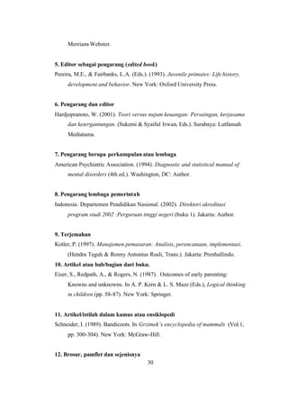 30
Merriam-Webster.
5. Editor sebagai pengarang (edited book)
Pereira, M.E., & Fairbanks, L.A. (Eds.). (1993). Juvenile primates: Life history,
development and behavior. New York: Oxford University Press.
6. Pengarang dan editor
Hardjopranoto, W. (2001). Teori versus nujum keuangan: Persaingan, kerjasama
dan ketergantungan. (Sukemi & Syaiful Irwan, Eds.). Surabaya: Lutfansah
Mediatama.
7. Pengarang berupa perkumpulan atau lembaga
American Psychiatric Association. (1994). Diagnostic and statistical manual of
mental disorders (4th ed.). Washington, DC: Author.
8. Pengarang lembaga pemerintah
Indonesia. Departemen Pendidikan Nasional. (2002). Direktori akreditasi
program studi 2002 :Perguruan tinggi negeri (buku 1). Jakarta: Author.
9. Terjemahan
Kotler, P. (1997). Manajemen pemasaran: Analisis, perencanaan, implementasi.
(Hendra Teguh & Ronny Antonius Rusli, Trans.). Jakarta: Prenhallindo.
10. Artikel atau bab/bagian dari buku.
Eiser, S., Redpath, A., & Rogers, N. (1987). Outcomes of early parenting:
Knowns and unknowns. In A. P. Kern & L. S. Maze (Eds.), Logical thinking
in children (pp. 58-87). New York: Springer.
11. Artikel/istilah dalam kamus atau ensiklopedi
Schneider, I. (1989). Bandicoots. In Grzimek’s encyclopedia of mammals (Vol.1,
pp. 300-304). New York: McGraw-Hill.
12. Brosur, pamflet dan sejenisnya
 