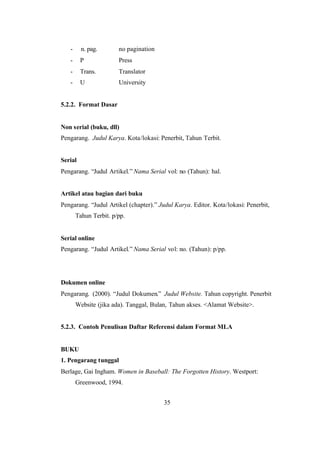 35
- n. pag. no pagination
- P Press
- Trans. Translator
- U University
5.2.2. Format Dasar
Non serial (buku, dll)
Pengarang. Judul Karya. Kota/lokasi: Penerbit, Tahun Terbit.
Serial
Pengarang. “Judul Artikel.” Nama Serial vol: no (Tahun): hal.
Artikel atau bagian dari buku
Pengarang. “Judul Artikel (chapter).” Judul Karya. Editor. Kota/lokasi: Penerbit,
Tahun Terbit. p/pp.
Serial online
Pengarang. “Judul Artikel.” Nama Serial vol: no. (Tahun): p/pp.
Dokumen online
Pengarang. (2000). “Judul Dokumen.” Judul Website. Tahun copyright. Penerbit
Website (jika ada). Tanggal, Bulan, Tahun akses. <Alamat Website>.
5.2.3. Contoh Penulisan Daftar Referensi dalam Format MLA
BUKU
1. Pengarang tunggal
Berlage, Gai Ingham. Women in Baseball: The Forgotten History. Westport:
Greenwood, 1994.
 