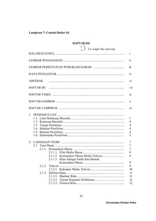 55
Lampiran 7: Contoh Daftar Isi
DAFTAR ISI
+
+
HALAMAN JUDUL .......................................................................................... i
LEMBAR PENGESAHAN ............................................................................... ii
LEMBAR PERSETUJUAN PUBLIKASI ILMIAH ......................................... iii
KATA PENGANTAR ........................................................................................ iv
ABSTRAK ................................................................................................... vi
DAFTAR ISI ................................................................................................... vii
DAFTAR TABEL .............................................................................................. ix
DAFTAR GAMBAR ......................................................................................... x
DAFTAR LAMPIRAN ...................................................................................... xi
1. PENDAHULUAN ........................................................................................
1.1. Latar Belakang Masalah........................................................................ 1
1.2. RumusanMasalah................................................................................. 4
1.3. Tujuan Penelitian.................................................................................. 4
1.4. Manfaat Penelitian................................................................................ 4
1.5. Batasan Penelitian................................................................................. 4
1.6. Sistematika Penelitian........................................................................... 5
2. LANDASAN TEORI ................................................................................... 7
2.1. Teori Dasar ........................................................................................... 7
2.1.1. Komunikasi Massa.................................................................... 7
2.1.1.1. Efek Media Massa ...................................................... 8
2.1.1.2. Komunikasi Massa Media Televisi............................. 8
2.1.1.3. Iklan Sebagai Salah Satu Bentuk
Komunikasi Massa ...................................................... 9
2.1.2. Televisi ..................................................................................... 9
2.1.2.1. Kekuatan Media Televisi............................................ 10
2.1.3. Definisi Iklan............................................................................. 11
2.1.3.1. Manfaat Iklan.............................................................. 11
2.1.3.2. Tujuan Kegiatan Periklanan........................................ 12
2.1.3.3. Elemen Iklan............................................................... 12
2 x single line spacing
Universitas Kristen Petra
 