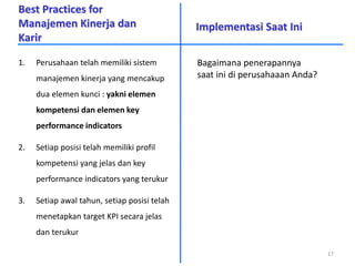 Best Practices for
Manajemen Kinerja dan
Karir
1. Perusahaan telah memiliki sistem
manajemen kinerja yang mencakup
dua elemen kunci : yakni elemen
kompetensi dan elemen key
performance indicators
2. Setiap posisi telah memiliki profil
kompetensi yang jelas dan key
performance indicators yang terukur
3. Setiap awal tahun, setiap posisi telah
menetapkan target KPI secara jelas
dan terukur
Implementasi Saat Ini
17
Bagaimana penerapannya
saat ini di perusahaaan Anda?
 