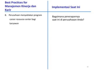 8. Perusahaan menyediakan program
career resource center bagi
karyawan
Implementasi Saat Ini
Best Practices for
Manajemen Kinerja dan
Karir
19
Bagaimana penerapannya
saat ini di perusahaaan Anda?
 