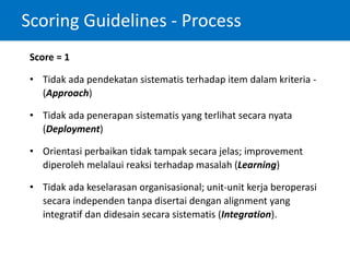 Scoring Guidelines - Process
Score = 1
• Tidak ada pendekatan sistematis terhadap item dalam kriteria -
(Approach)
• Tidak ada penerapan sistematis yang terlihat secara nyata
(Deployment)
• Orientasi perbaikan tidak tampak secara jelas; improvement
diperoleh melalaui reaksi terhadap masalah (Learning)
• Tidak ada keselarasan organisasional; unit-unit kerja beroperasi
secara independen tanpa disertai dengan alignment yang
integratif dan didesain secara sistematis (Integration).
 
