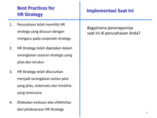 Best Practices for
HR Strategy
1. Perusahaan telah memiliki HR
strategy yang disusun dengan
mengacu pada corporate strategy
2. HR Strategy telah dipetakan dalam
serangkaian sasaran strategis yang
jelas dan terukur
3. HR Strategy telah diturunkan
menjadi serangkaian action plan
yang jelas, sistematis dan timeline
yang terencana
4. Dilakukan evaluasi atas efektivitas
dari pelaksanaan HR Strategy
Implementasi Saat Ini
8
Bagaimana penerapannya
saat ini di perusahaaan Anda?
 
