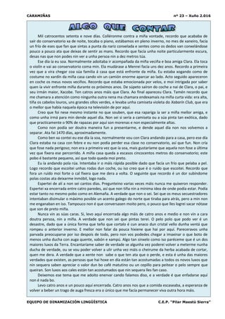 CARAMIÑAS nº 23 – Xuño 2.016
EQUIPO DE DINAMIZACIÓN LINGÜÍSTICA C.E.P. “Pilar Maestú Sierra”
Mil catrocentos setenta e nove días. Colléronme contra a miña vontade, recordo que acababa de
saír do conservatorio xa de noite, tocaba o piano, estábamos en pleno inverno, no mes de xaneiro, facía
un frío de eses que fan que sintas a punta da nariz conxelada e sentes como os dedos van conxelándose
pouco a pouco ata que deixas de sentir as mans. Recordo que facía unha noite particularmente escura,
desas nas que non podes nin ver a unha persoa nin a dez metros túa.
Ese día ía eu soa. Normalmente adoitaba ir acompañada da miña veciña e boa amiga Clara. Ela toca
o violín e vai ao conservatorio coma min. Ela mudárase a Menrei facía uns dez anos. Recordo a primeira
vez que a vira chegar coa súa familia á casa que está enfronte da miña. Eu estaba xogando como de
costume no xardín da miña casa cando vin un camión enorme aparcar ao lado. Acto seguido apareceron
en coche os meus novos veciños. Recordo que estaba emocionada por velos, e moi intrigada por saber
quen ía vivir enfronte miña durante os próximos anos. De súpeto saíron do coche a nai de Clara, o pai, e
seu irmán maior, Xacobe. Ten catros anos máis que Clara. Ao final apareceu Clara. Tamén recordo que
me chamara a atención como ningunha outra nena ma chamara endexamais na miña curta vida: era alta,
tiña os cabelos louros, uns grandes ollos verdes, e levaba unha camiseta violeta do Xabarín Club, que era
o mellor que había naquela época na televisión de por aquí.
Creo que foi nese mesmo instante no que souben, que esa rapariga ía ser a miña mellor amiga, e
como unha irmá para min dende aquel día. Non sei si sería a camiseta ou a súa pinta tan exótica, dado
que practicamente o 90% de rapazas por aquí son morenas e non especialmente altas.
Como non podía ser doutra maneira fun a presentarme, e dende aquel día non nos volvemos a
separar. Ata fai 1470 días, aproximadamente.
Como ben xa contei eu ese día ía soa, normalmente vou con Clara andando para a casa, pero ese día
Clara estaba na casa con febre e eu non podía perder esa clase no conservatorio, así que fun. Non cría
que fose nada perigoso; non era a primeira vez que ía soa, mais gustaríame que aquela non fose a última
vez que fixera ese percorrido. A miña casa queda a escasos cincocentos metros do conservatorio; este
pobo é bastante pequeno, así que todo queda moi preto.
Eu ía andando pola rúa. Intentaba ir o máis rápida posible dado que facía un frío que pelaba a pel.
Logo recordo que escoitei unhas rodas dun coche, ou iso creo que é o ruído que escoitei. Recordo que
fora un ruído moi forte o cal fixera que me dera a volta. O seguinte que recordo é un dor subíndome
polas costas ata deixarme inmóbil, logo nada.
Espertei de alí a non sei cantos días. Pregunteino varias veces máis nunca me quixeron responder.
Espertei xa encerrada entre catro paredes, así que non tiña nin a mínima idea de onde podía estar. Podía
estar tanto no mesmo pobo como en Alemaña. A verdade que non o sei. Sei que os meus secuestradores
intentaban disimular o máximo posible un acento galego do norte que tiraba para atrás, pero a min non
me enganaban en iso. Tampouco non é que conversasen moito pero, o pouco que lles logrei sacar nótase
que son de preto miña.
Nunca vin as súas caras. Si, levo aquí encerrada algo máis de catro anos e medio e non vin a cara
doutra persoa, nin a miña. A verdade que non sei que pintas terei. O pelo polo que podo ver é un
desastre, dado que a única forma que teño que cortalo é cun anaco dun cristal vello dunha ventá que
rompeu o anterior inverno. E mellor non falar da pouca hixiene que hai por aquí. Pareceravos unha
parvada preocuparse por iso despois de todo, pero non vos podedes chegar a imaxinar o que boto de
menos unha ducha con auga quente, xabón e xampú. Algo tan sinxelo como iso paréceme que é un dos
maiores luxos da Terra. Encantaríame saber de verdade se algunha vez poderei volver a meterme nunha
ducha de verdade, ou se vou poder volver a ulir unha vez máis o cheirume da herba acabada de cortar,
quen me dera. A verdade que a xente non sabe o que ten ata que o perde, e esta é unha das maiores
verdades que existen, as persoas que hai hoxe en día están tan acostumadas a todos os novos luxos que
nin sequera saben apreciar o valor dun bo café matutino ou un cepillo para peitear o pelo sempre que
queiran. Son luxos aos cales están tan acostumados que nin sequera lles fan caso.
Deixemos ese tema que me adoito enervar cando falamos diso, e a verdade é que enfadarse aquí
non é nada bo.
Levo catro anos e un pouco aquí encerrada. Catro anos nos que a comida escaseaba, a esperanza de
volver a beber un trago de auga fresca era o único que me facía permanecer viva outra hora máis.
 