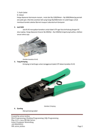 7. Putih Coklat
       8. Cokeat
       Harga dipasaran bermacam-macam, mulai dari Rp.1500/Meter – Rp.5000/Meter(yg pernah
       ane pake gan..hhe) kita sarankan beli yang harga Rp2500/meter ini sudah bagus untuk
       membuat koneksi sekelas Warnet maupun Laboratorium Komputer.

   2. Jack RJ45
              Jack RJ 45 merupakan konektor untuk Kabel UTP agar bisa terhubung dengan PC
      atau Laptop. Harga dipasaran kisaran Rp.500/biji – Rp.1500/biji tergantung kualitas, silahkan
      sesuai selera saja.




               Gambar konektor RJ-45
   3. Tang Krimping
              Krimping ini berfungsi untuk menggencet kabel UTP dalam konektor RJ 45




                                             Gambar Crimping
   4. Gunting
             Alat pemotong kabel

Created by arieve techno
Web Programming | Desktop Programming | SQL Programming
Php, C/C++, Java, MS SQL Server
Linux | Computer Networking
+62 856299221
YM: arieve_techno                                                                           Page 2
 