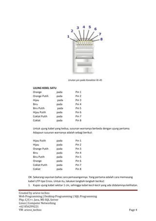 Urutan pin pada Konektor RJ-45


         UJUNG KEBEL SATU
         Orange           pada               Pin 1
         Orange Putih     pada               Pin 2
         Hijau            pada               Pin 3
         Biru             pada               Pin 4
         Biru Putih       pada               Pin 5
         Hijau Putih      pada               Pin 6
         Coklat Putih     pada               Pin 7
         Coklat           pada               Pin 8

         Untuk ujung kabel yang kedua, susunan warnanya berbeda dengan ujung pertama.
         Adapaun susunan warnanya adalah sebagi berikut:

         Hijau Putih         pada            Pin 1
         Hijau               pada            Pin 2
         Orange Putih        pada            Pin 3
         Biru                pada            Pin 4
         Biru Putih          pada            Pin 5
         Orange              pada            Pin 6
         Coklat Putih        pada            Pin 7
         Coklat              pada            Pin 8

      OK. Sekarang saya kan bahas cara pemasangannya. Yang pertama adalah cara memasang
      kabel UTP tipe Cross. Untuk itu, lakukan langkah-langkah berikut:
      1. Kupas ujung kabel sekitar 1 cm, sehingga kabel kecil-kecil yang ada didalamnya kelihatan.

Created by arieve techno
Web Programming | Desktop Programming | SQL Programming
Php, C/C++, Java, MS SQL Server
Linux | Computer Networking
+62 856299221
YM: arieve_techno                                                                         Page 4
 