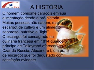 A HISTÓRIA
O homem consome caracóis em sua
alimentação desde a pré-história.
Muitas pessoas não sabem, mas o
escargot de cultivo é um alimento
saboroso, nutritivo e "light".
O escargot foi consagrado na
culinária francesa em 1814 quando o
príncipe de Talleyrand ofereceu ao
Czar da Rússia, Alexandre I, um prato
de escargot que foi degustado com
satisfação evidente.
 