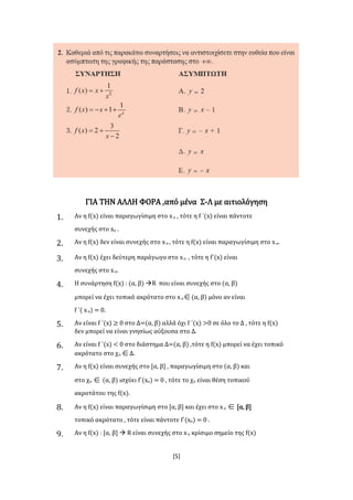 [5]
ΓΙΑ ΤΗΝ ΑΛΛΗ ΦΟΡΑ ,από μένα Σ-Λ με αιτιολόγηση
1. Αν η f(x) είναι παραγωγίσιμη στο xο , τότε η f ΄(x) είναι πάντοτε
συνεχής στο xο .
2. Αν η f(x) δεν είναι συνεχής στο xο , τότε η f(x) είναι παραγωγίσιμη στο xο.
3. Αν η f(x) έχει δεύτερη παράγωγο στο xο , τότε η f΄(x) είναι
συνεχής στο xο.
4. Η συνάρτηση f(x) : (α, β) R που είναι συνεχής στο (α, β)
μπορεί να έχει τοπικό ακρότατο στο xο(α, β) μόνο αν είναι
f ΄( xο) = 0.
5. Αν είναι f ΄(x) ≥ 0 στο Δ=(α, β) αλλά όχι f ΄(x) >0 σε όλο το Δ , τότε η f(x)
δεν μπορεί να είναι γνησίως αύξουσα στο Δ.
6. Αν είναι f ΄(x) < 0 στο διάστημα Δ=(α, β) ,τότε η f(x) μπορεί να έχει τοπικό
ακρότατο στο χο Δ.
7. Αν η f(x) είναι συνεχής στο [α, β] , παραγωγίσιμη στο (α, β) και
στο χο  (α, β) ισχύει f΄(xο) = 0 , τότε το χο είναι θέση τοπικού
ακροτάτου της f(x).
8. Αν η f(x) είναι παραγωγίσιμη στο [α, β] και έχει στο xο  [α, β]
τοπικό ακρότατο , τότε είναι πάντοτε f΄(xο) = 0 .
9. Αν η f(x) : [α, β]  R είναι συνεχής στο xο κρίσιμο σημείο της f(x)
 