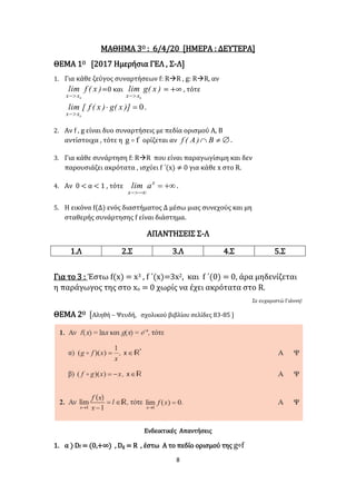 8
ΜΑΘΗΜΑ 3Ο : 6/4/20 [ΗΜΕΡΑ : ΔΕΥΤΕΡΑ]
ΘΕΜΑ 1Ο [2017 Ημερήσια ΓΕΛ , Σ-Λ]
1. Για κάθε ζεύγος συναρτήσεων f: RR , g: RR, αν
)x(flim
xx 0
=0 και )x(glim
xx 0
= +∞ , τότε
0
0


)]x(g)x(f[lim
xx
.
2. Αν f , g είναι δυο συναρτήσεις με πεδία ορισμού Α, Β
αντίστοιχα , τότε η fg  ορίζεται αν  B)A(f .
3. Για κάθε συνάρτηση f: RR που είναι παραγωγίσιμη και δεν
παρουσιάζει ακρότατα , ισχύει f ΄(x) ≠ 0 για κάθε x στο R.
4. Αν 0 < α < 1 , τότε 

x
x
alim .
5. Η εικόνα f(Δ) ενός διαστήματος Δ μέσω μιας συνεχούς και μη
σταθερής συνάρτησης f είναι διάστημα.
ΑΠΑΝΤΗΣΕΙΣ Σ-Λ
1.Λ 2.Σ 3.Λ 4.Σ 5.Σ
Για το 3 : Έστω f(x) = x3 , f ΄(x)=3x2, και f ΄(0) = 0, άρα μηδενίζεται
η παράγωγος της στο xo = 0 χωρίς να έχει ακρότατα στο R.
Σε ευχαριστώ Γιάννη!
ΘΕΜΑ 2Ο [Αληθή – Ψευδή, σχολικού βιβλίου σελίδες 83-85 ]
Ενδεικτικές Απαντήσεις
1. α ) Df = (0,+∞) , Dg = R , έστω Α το πεδίο ορισμού της g∘f
 