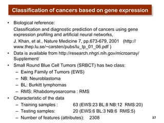 37 
Classification of cancers based on gene expression 
• Biological reference: 
Classification and diagnostic prediction of cancers using gene 
expression profiling and artificial neural networks, 
J. Khan, et al., Nature Medicine 7, pp.673-679, 2001 (http:// 
www.thep.lu.se/~carsten/pubs/lu_tp_01_06.pdf ) 
• Data is available from http://research.nhgri.nih.gov/microarray/ 
Supplement/ 
• Small Round Blue Cell Tumors (SRBCT) has two class: 
– Ewing Family of Tumors (EWS) 
– NB: Neuroblastoma 
– BL: Burkitt lymphomas 
– RMS: Rhabdomyosarcoma : RMS 
• Characteristic of the data 
– Training samples : 63 (EWS:23 BL:8 NB:12 RMS:20) 
– Testing samples: 20 (EWS:6 BL:3 NB:6 RMS:5) 
– Number of features (attributes): 2308 
 