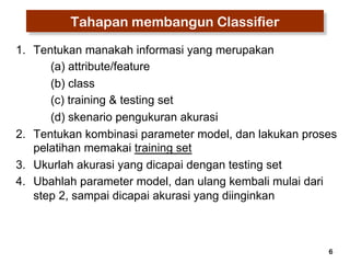 6 
Tahapan membangun Classifier 
1. Tentukan manakah informasi yang merupakan 
(a) attribute/feature 
(b) class 
(c) training & testing set 
(d) skenario pengukuran akurasi 
2. Tentukan kombinasi parameter model, dan lakukan proses 
pelatihan memakai training set 
3. Ukurlah akurasi yang dicapai dengan testing set 
4. Ubahlah parameter model, dan ulang kembali mulai dari 
step 2, sampai dicapai akurasi yang diinginkan 
 