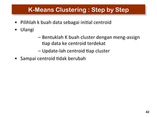 42 
K-Means Clustering : Step by Step 
• Pilihlah 
k 
buah 
data 
sebagai 
ini3al 
centroid 
• Ulangi 
– Bentuklah 
K 
buah 
cluster 
dengan 
meng-­‐assign 
3ap 
data 
ke 
centroid 
terdekat 
– Update-­‐lah 
centroid 
3ap 
cluster 
• Sampai 
centroid 
3dak 
berubah 
 