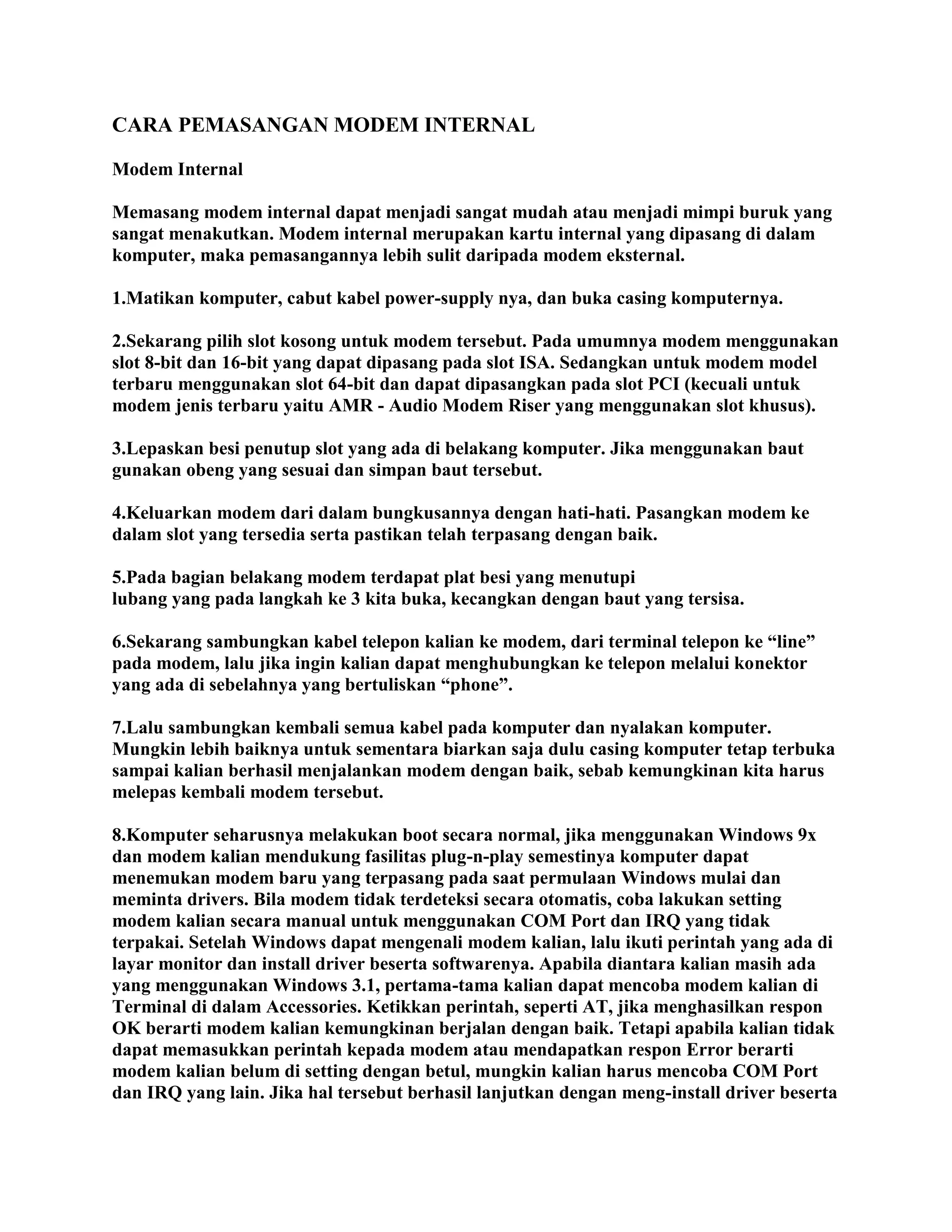 Cara pemasangan modem internal | DOCX