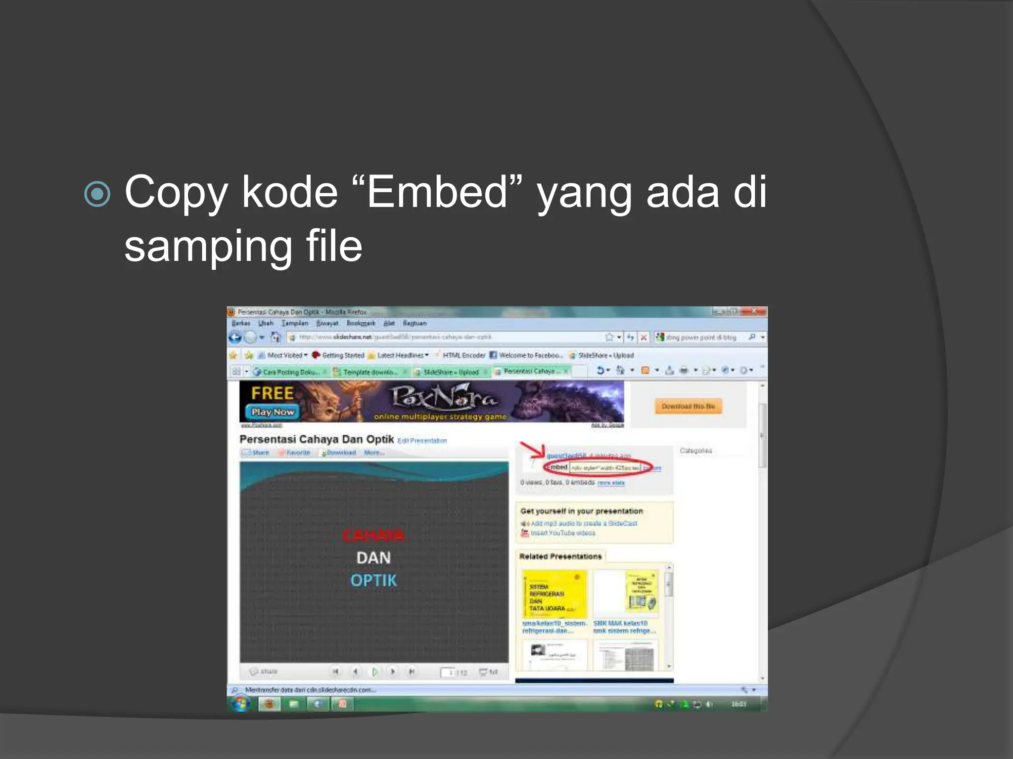 Copy kode “Embed” yang adadisamping file