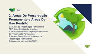 2. Áreas De Preservação
Permanente e Áreas De
Uso Restrito
CAR
2.1 Áreas de Preservação Permanente –
APP: tipos, localização e limites.
2.2 Recomposição da Vegetação em Áreas
de Preservação Permanente.
2.3 Áreas Consolidadas em Áreas de
Preservação Permanente.
2.4 Áreas de uso restrito (AUR).
16
 