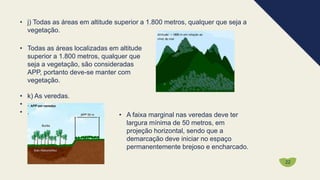 • j) Todas as áreas em altitude superior a 1.800 metros, qualquer que seja a
vegetação.
• Todas as áreas localizadas em altitude
superior a 1.800 metros, qualquer que
seja a vegetação, são consideradas
APP, portanto deve-se manter com
vegetação.
• k) As veredas.
• .
• . • A faixa marginal nas veredas deve ter
largura mínima de 50 metros, em
projeção horizontal, sendo que a
demarcação deve iniciar no espaço
permanentemente brejoso e encharcado.
22
 