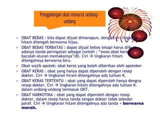 Penggolongan obat menurut undang-undang 
• OBAT BEBAS : bila dapat dijual dimanapun, dengan ciri lingkaran 
hitam ditengah berwarna hijau. 
• OBAT BEBAS TERBATAS : dapat dijual bebas tetapi harus diikuti 
adanya tanda peringatan sebagai contoh : “awas obat keras 
bacalah aturan memakainya”dll. Ciri à lingkaran hitam 
ditengahnya berwarna biru. 
• Obat wajib apotek: obat keras yang boleh diberikan oleh apoteker 
• OBAT KERAS : obat yang hanya dapat diperoleh dengan resep 
dokter. Ciri à lingkaran hiram ditengahnya ada tulisan K. 
• OBAT KERAS TERTENTU : obat yang dapat diperoleh hanya dengna 
resep dokter. Ciri à lingkaran hitam ditengahnya ada tulisan K. 
dalam undang-undang termasuk OKT. 
• OBAT NARKOTIKA : obat yang dapat diperoleh dengan resep 
dokter, dalam resep harus tanda tangan dokter tidak sekedar 
paraf. Ciri à llingkaran hitam ditengahnya ada tanda + berwarna 
merah. 
 