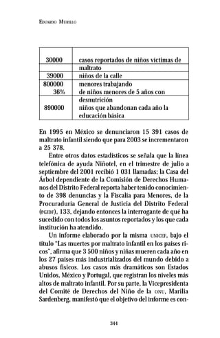 344
EDUARDO MURILLO
30000 casos reportados de niños víctimas de
maltrato
39000 niños de la calle
800000 menores trabajando
36% de niños menores de 5 años con
desnutrición
890000 niños que abandonan cada año la
educación básica
En 1995 en México se denunciaron 15 391 casos de
maltrato infantil siendo que para 2003 se incrementaron
a 25 378.
Entre otros datos estadísticos se señala que la línea
telefónica de ayuda Niñotel, en el trimestre de julio a
septiembre del 2001 recibió 1 031 llamadas; la Casa del
Árbol dependiente de la Comisión de Derechos Huma-
nos del Distrito Federal reporta haber tenido conocimien-
to de 398 denuncias y la Fiscalía para Menores, de la
Procuraduría General de Justicia del Distrito Federal
(PGJDF), 133, dejando entonces la interrogante de qué ha
sucedido con todos los asuntos reportados y los que cada
institución ha atendido.
Un informe elaborado por la misma UNICEF, bajo el
título “Las muertes por maltrato infantil en los países ri-
cos”, afirma que 3 500 niños y niñas mueren cada año en
los 27 países más industrializados del mundo debido a
abusos físicos. Los casos más dramáticos son Estados
Unidos, México y Portugal, que registran los niveles más
altos de maltrato infantil. Por su parte, la Vicepresidenta
del Comité de Derechos del Niño de la ONU, Marilia
Sardenberg, manifestó que el objetivo del informe es con-
 