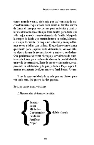 425
DESMANTELANDO EL CERCO DEL SILENCIO
con el mundo y en su violencia por las “ventajas de ma-
cho dominante” que esto le daba sobre su familia, en vez
de tomar el toro por los cuernos para enfrentar y contro-
lar ese demonio violento que traía dentro para darle una
vida mejor a su obviamente aterrorizada familia. Me queda
la imagen de Pablo y yo metiéndonos a tu coche, Mariana,
el día que te casaste, para que no te fueras y nos quedára-
mos solos a lidiar con la fiera. El quedarse con el amor
que siento por él, a pesar de la violencia, tal vez constitu-
ye alguna forma de reconciliación y entierro verdadero.
Que podamos exorcizar el enojo y la violencia de nues-
tras relaciones para realmente darnos la posibilidad de
una vida constructiva, llena de amor y compasión, recu-
perando la solidaridad y la paz, y darle a Papá, o por lo
menos a esta parte de él, un entierro final. Besos, Arturo.
Y por la oportunidad y la ayuda que me dieron para
ver todo esto, les quiero dar las gracias.
RUTA DE SALIDA DE LA VIOLENCIA
I. Muchos años de incorrecta visión
Esperar
Sufrir
Minimizar
Comprender
Perdonar
Justificar
Negar
doble vínculo
{ }
 