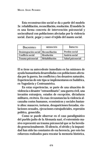 474
MIGUEL ANGEL PICHARDO
Esta reconstrucción social se da a partir del modelo
3R : rehabilitación, reconciliación, resolución. El modelo 3R
es una forma concreta de intervención psicosocial y
sociocultural con poblaciones afectadas por la violencia
social. Zurcir, pegar y coser el tejido del manto social.
El RS tiene su antecedente inmediato en las misiones de
ayuda humanitaria desarrolladas con poblaciones afecta-
das por la guerra, los conflictos y los desastres naturales.
Experiencias de este tipo se implementaron en Sudáfrica,
ex-Yugoslavia y Centroamérica.
En estas experiencias, se parte de una situación de
violencia o desastre “extraordinario”; una guerra civil, una
invasión extranjera, estados de excepción, dictaduras
militares, etcétera. En esas circunstancias la violencia al-
canzaba costos humanos, económicos y sociales bastan-
te altos: masacres, torturas, desapariciones forzadas, vio-
laciones sexuales, ejecuciones extrajudiciales, represión
política, genocidio.
Como se puede observar en el caso paradigmático
del pueblo judío de la Alemania nazi, el exterminio ma-
sivo representó un trauma psicosocial que se ha hereda-
do generacionalmente. El silencio, el olvido y la impuni-
dad han sido las constantes de esa herencia, por esto los
esfuerzos realizados para rescatar la memoria histórica,
DIAGNÓSTICO MEDIACIÓN IMPACTO
Desintegración social
Conflicto social
Trauma psicosocial
Reconciliación
Resolución
Rehabilitación
Perdón social
Justicia social
Salud psicosocial
 