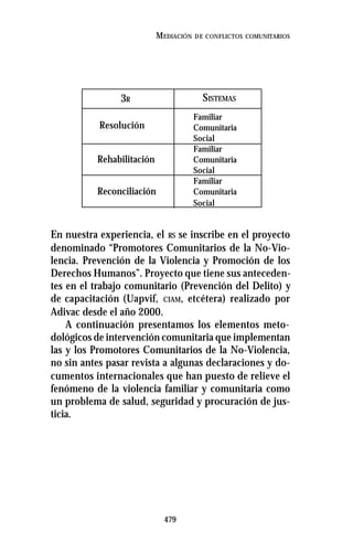 479
MEDIACIÓN DE CONFLICTOS COMUNITARIOS
En nuestra experiencia, el RS se inscribe en el proyecto
denominado “Promotores Comunitarios de la No-Vio-
lencia. Prevención de la Violencia y Promoción de los
Derechos Humanos”. Proyecto que tiene sus anteceden-
tes en el trabajo comunitario (Prevención del Delito) y
de capacitación (Uapvif, CIAM, etcétera) realizado por
Adivac desde el año 2000.
A continuación presentamos los elementos meto-
dológicos de intervención comunitaria que implementan
las y los Promotores Comunitarios de la No-Violencia,
no sin antes pasar revista a algunas declaraciones y do-
cumentos internacionales que han puesto de relieve el
fenómeno de la violencia familiar y comunitaria como
un problema de salud, seguridad y procuración de jus-
ticia.
3R SISTEMAS
Resolución
Rehabilitación
Reconciliación
Familiar
Comunitaria
Social
Familiar
Comunitaria
Social
Familiar
Comunitaria
Social
 